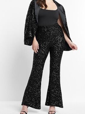 Black Super High Rise Sequin Flare Pull On Pants